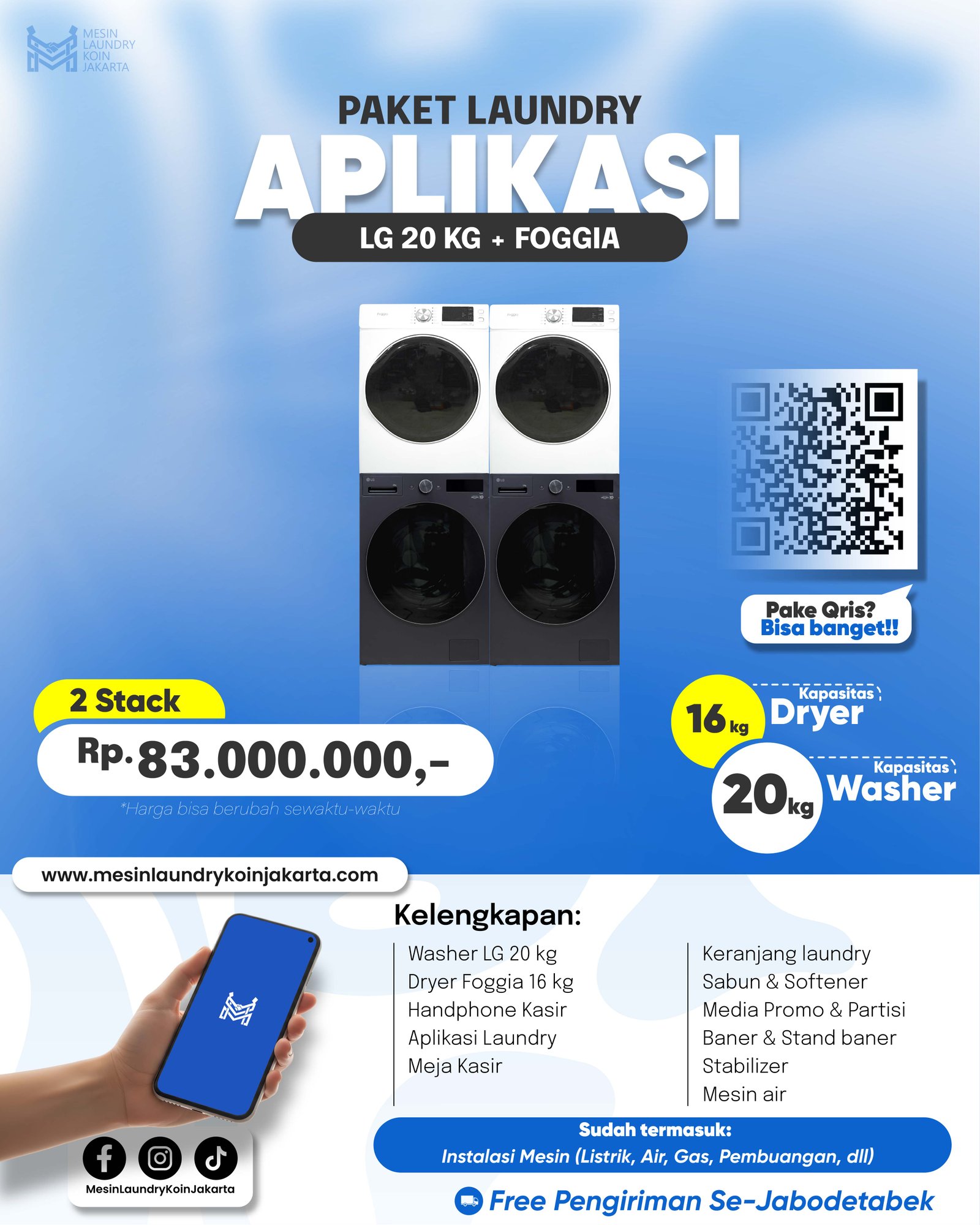 Paket Laundry Aplikasi 2 Stack — LG 20kg + Foggia, Rp83.000.000