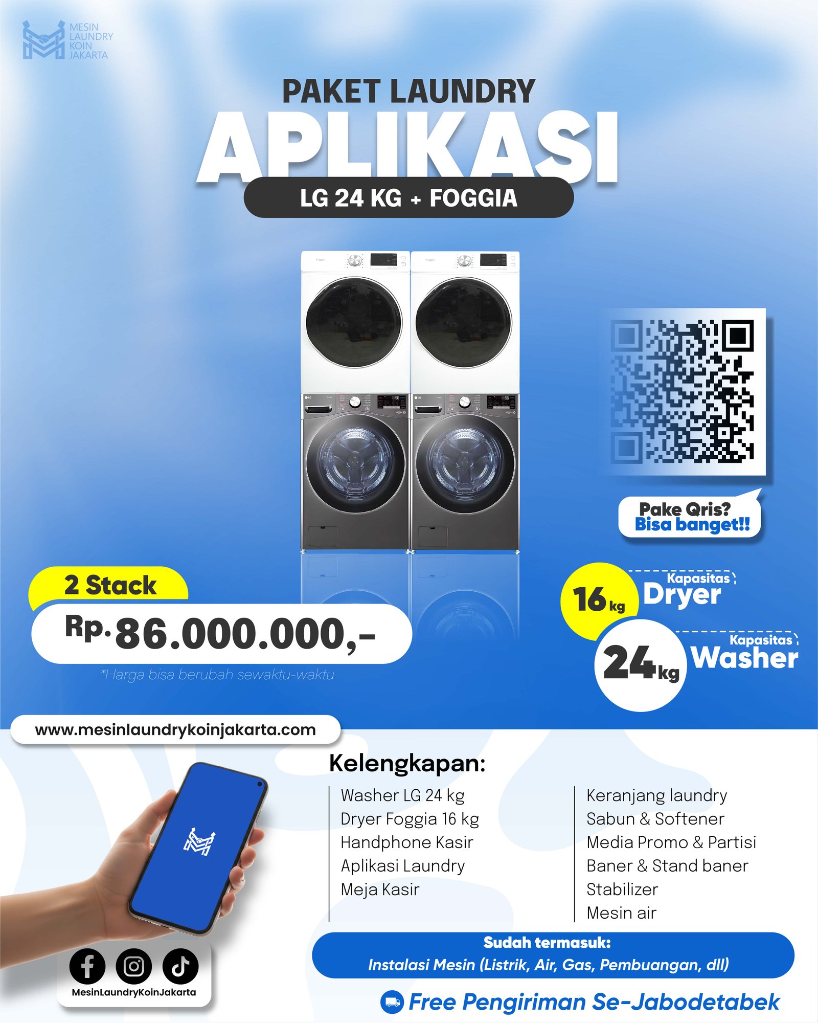 Paket Laundry Aplikasi 2 Stack — LG 24kg + Foggia, Rp86.000.000