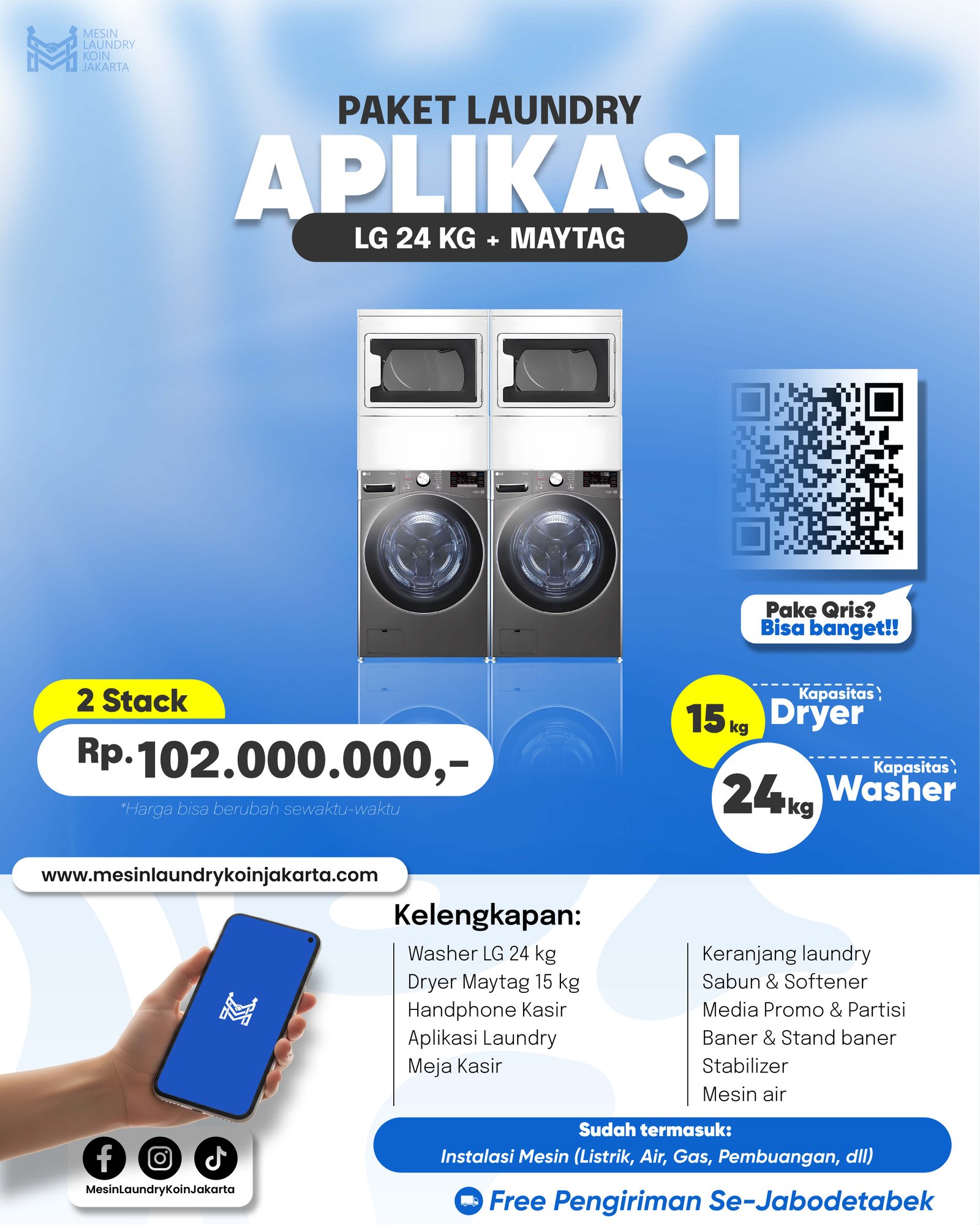 Paket Laundry Aplikasi 2 Stack — LG 24kg + Maytag, Rp102.000.000