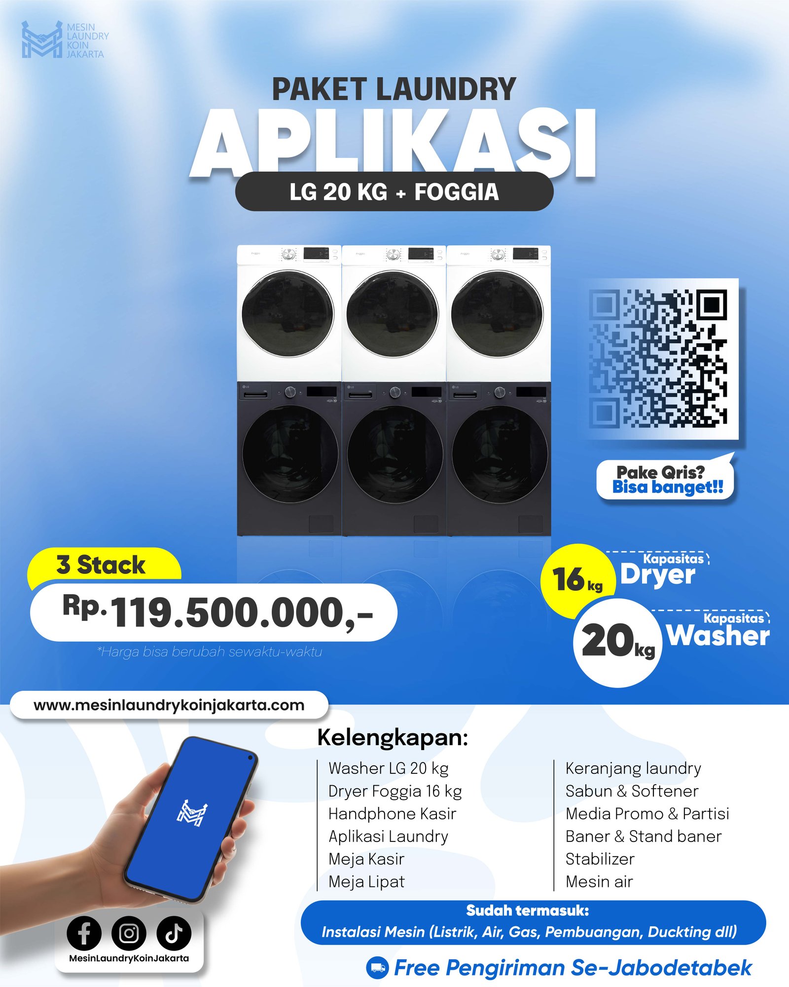 Paket Laundry Aplikasi 3 Stack — LG 20kg + Foggia, Rp119.500.000