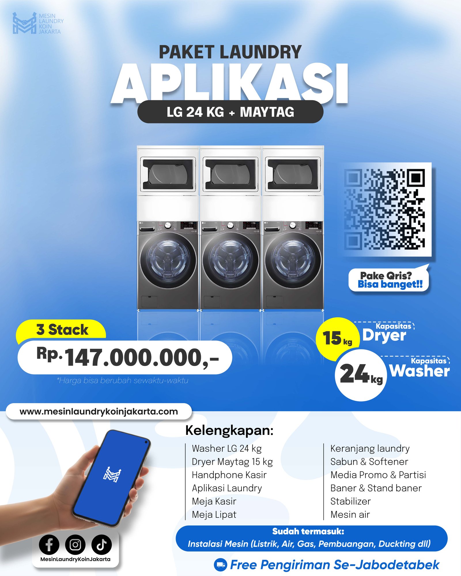 Paket Laundry Aplikasi 3 Stack — LG 24kg + Maytag, Rp147.000.000