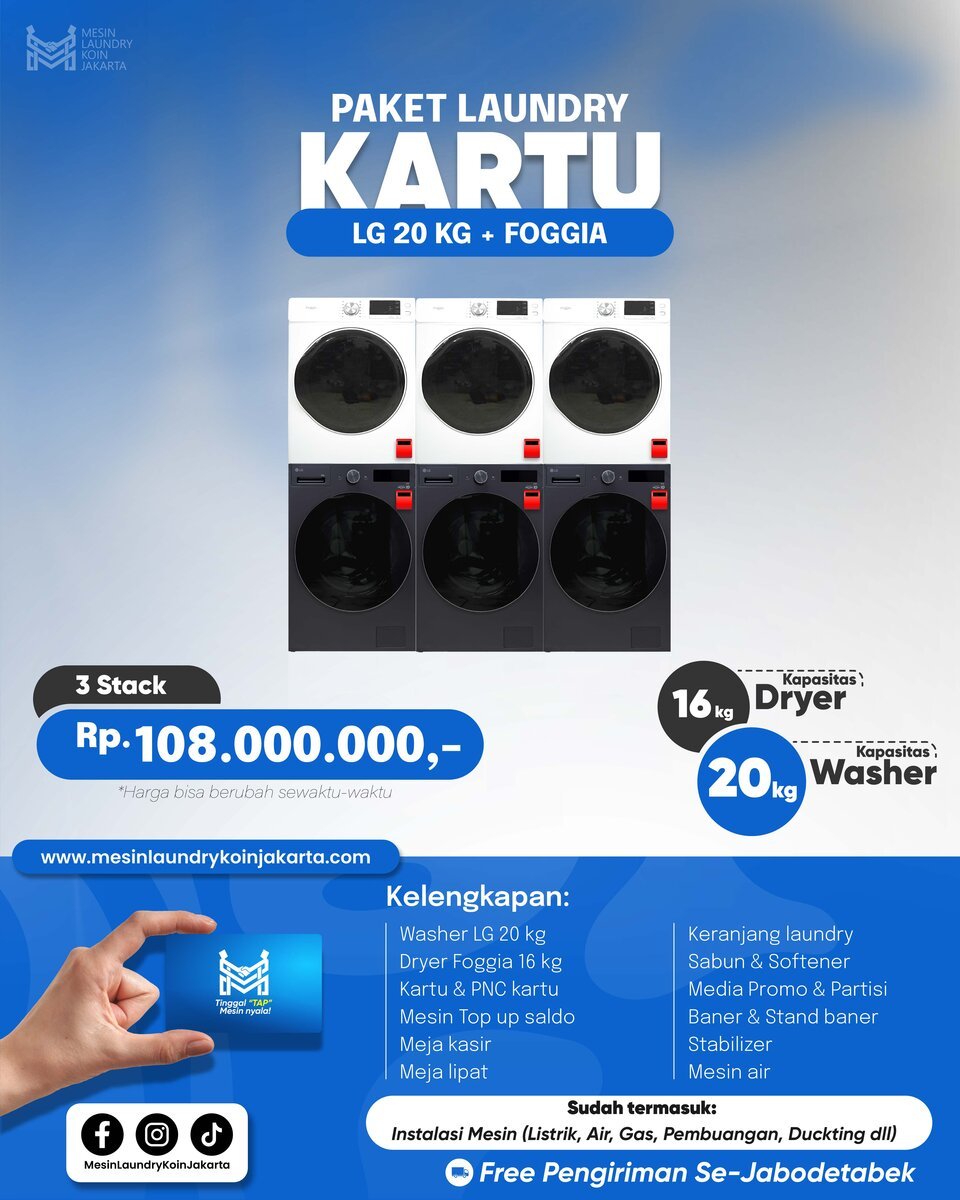 Paket Laundry Kartu 3 Stack — LG 20kg + Foggia, Rp108.000.000