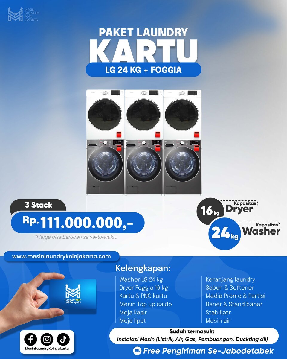 Paket Laundry Kartu 3 Stack — LG 24kg + Foggia, Rp111.000.000