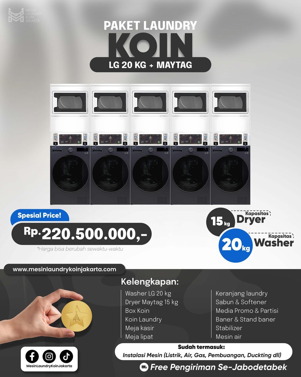 Paket Laundry Koin 5 Stack — LG 20kg + Maytag, Rp220.500.000