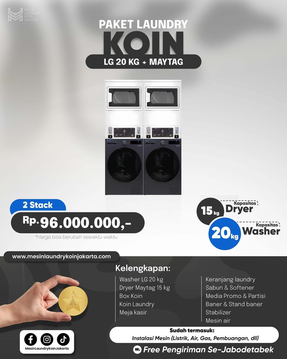 Paket Laundry Koin 2 Stack — LG 20kg + Maytag, Rp96.000.000