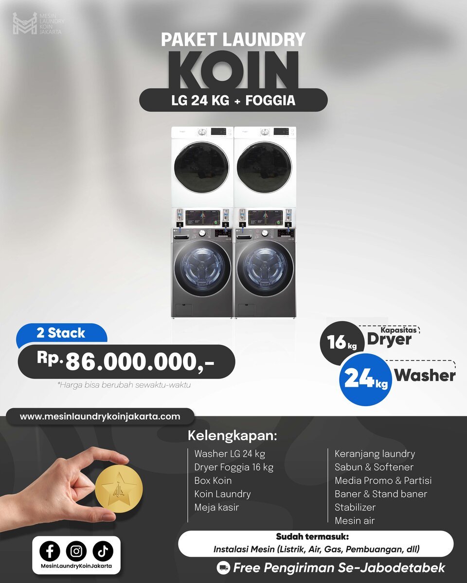 Paket Laundry Koin 2 Stack — LG 24kg + Foggia, Rp86.000.000