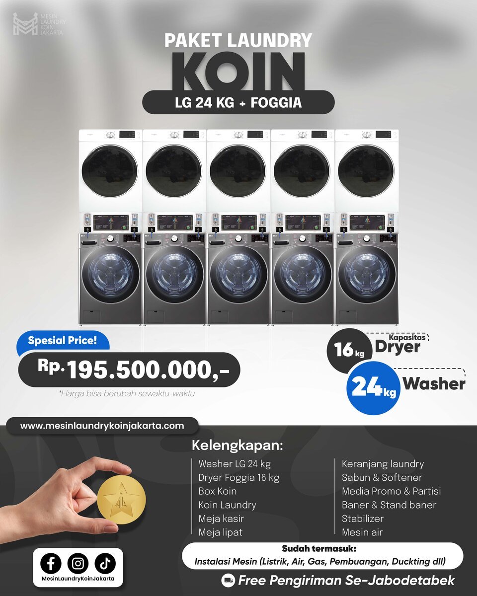 Paket Laundry Koin 5 Stack — LG 24kg + Foggia, Rp195.500.000