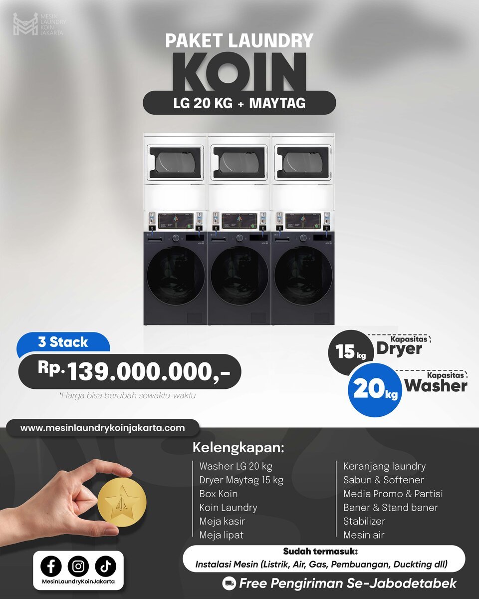 Paket Laundry Koin 3 Stack — LG 20kg + Maytag, Rp139.000.000