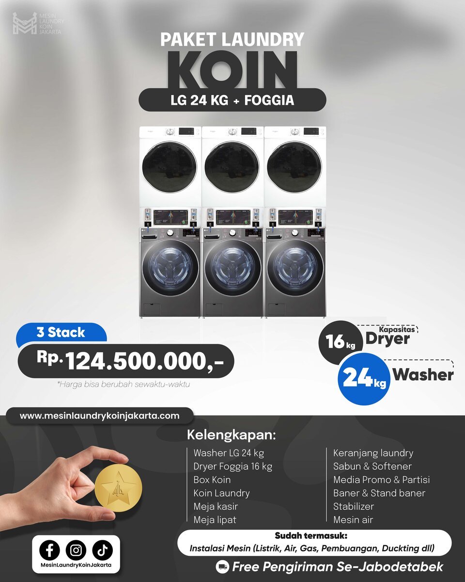 Paket Laundry Koin 3 Stack — LG 24kg + Foggia, Rp124.500.000