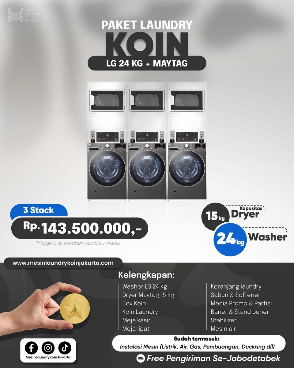 Paket Laundry Koin 3 Stack — LG 24kg + Maytag, Rp143.500.000